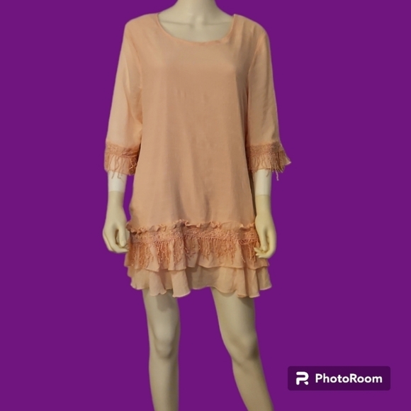 INDIGO SOUL Baby Pink Ruffle Fringe Tunic Micro Mini Fairycore Dress XL - Picture 1 of 10